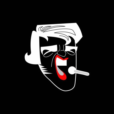 Mikrofonlu Cesur Singer - Etkileyici Vektör Sanatı. Tutkulu bir erkek şarkıcının çarpıcı temsili, stilize özellikleri, ağzı açık ve mikrofonu elinde. Asgari, gürültülü ve dramatik.