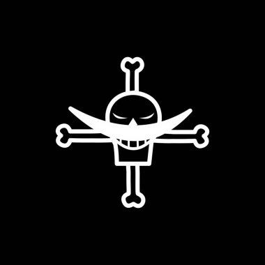 Beyaz Sakal Korsanı Jolly Roger Siyah Arkaplan Sembolü. Beyaz Sakal Korsanları 'nın yüksek kontrastlı tasviri. One Piece Anime' den Jolly Roger. Hilal bıyıklı ve çapraz kemikli bir kafatası..
