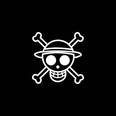 Hasır Şapkalı Korsan Jolly Roger Simgesi Kara Arkaplanda. Hasır Şapka Korsanları 'nın minimalist tasviri One Piece' den Jolly Roger, saman şapka ve çapraz kemikli bir kafatası, Maymun D. Luffy 'nin tayfasını sembolize ediyor..