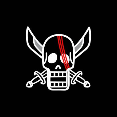 Kızıl Saçlı Korsanlar Siyah Arkaplanda Jolly Roger Vektör Sembolü. One Piece 'den Kızıl Saçlı Korsanlar' ın cesur tasviri. Çapraz kılıçlı ve kırmızı çizgili yaralı bir kafatası..