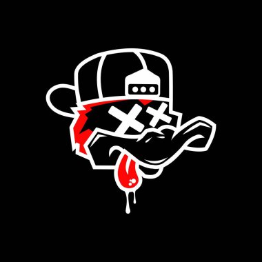 Cap ve X-Eyes Vector Illustration ile Urban Cartoon Duck Head. Serin ördek kafalı, şapkalı, dilinden damlayan ve X gözlü çizgi film. Kentsel, sokak tarzı vektör. Ürün, çıkartma ya da moda için mükemmel..