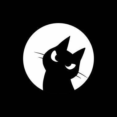 Minimalist Kara Kedi Silüeti Çember Tasarımı 'nda. Siyah bir arka planda beyaz bir çemberin içinde ifade edici gözleri olan siyah kedi silueti. Logolar, simgeler veya minimalist tasarım temaları için mükemmel.