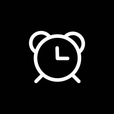 Kara Arkaplanda Minimalist Alarm Saati Simgesi. Siyah arkaplanda basit bir beyaz çizgi alarm saati simgesi. Mobil uygulamalar, web tasarımı, UI / UX ve bilgi grafikleri için mükemmel.