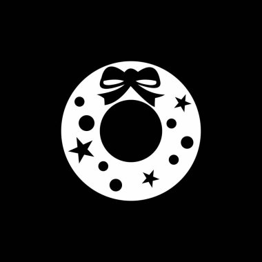 Fiyonklu Minimalist Noel Çelengi Simgesi. Yıldızlar, noktalar ve siyah arka planda bir fiyonk olan beyaz bir Noel çelengi. Tatil tasarımı, tebrik kartları ve mevsimlik dekorasyonlar için mükemmel..