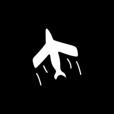 Kara Arkaplanda Düşen Uçak Simgesi. Siyah zemin üzerinde hareket çizgileri olan düşen bir uçağın beyaz siluet simgesi. Acil durum, tehlike veya havacılık felaketi temalarına uygundur.