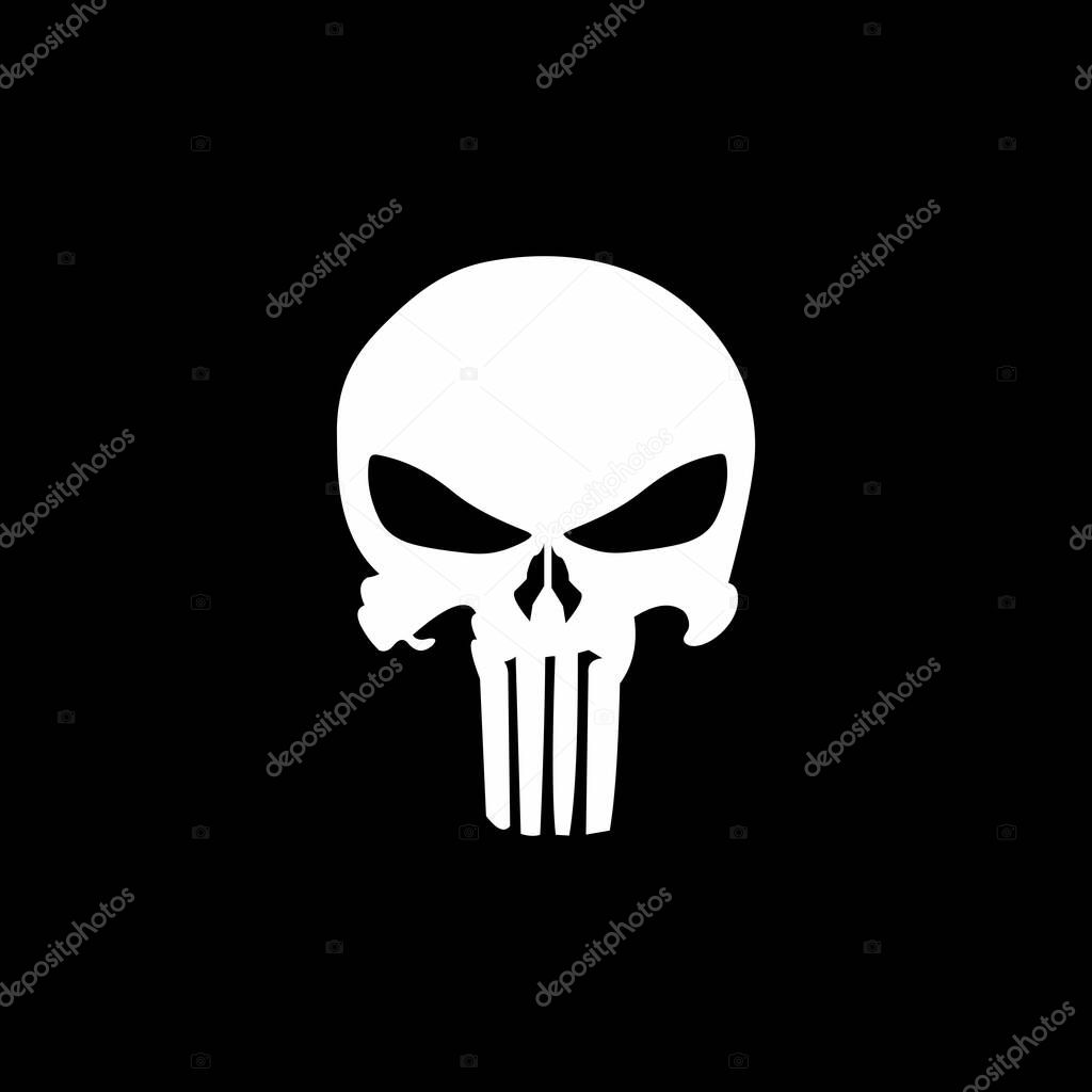 Punisher Skull Style Vector Icon. Bold white skull vector on black background in Punisher-style design. Ideal for decals, posters, emblems, or edgy graphic projects.