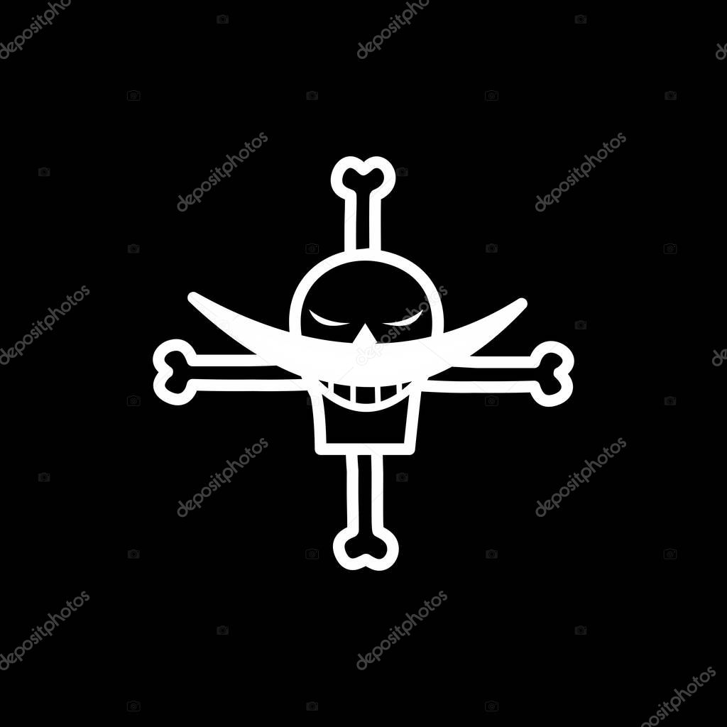 Whitebeard Pirate Jolly Roger Symbol on Black Background. High-contrast vector-style illustration of the iconic Whitebeard Pirates Jolly Roger from One Piece anime, featuring a skull with a crescent mustache and crossbones.
