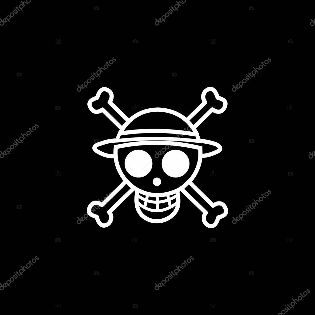 Straw Hat Pirate Jolly Roger Icon on Black Background. Minimalist vector-style depiction of the Straw Hat Pirates Jolly Roger from One Piece, featuring a skull with a straw hat and crossbones, symbolizing Monkey D. Luffy's crew.