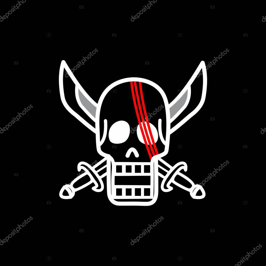 Red-Haired Pirates Jolly Roger Vector Symbol on Black Background. Bold vector-style illustration of the Red-Haired Pirates Jolly Roger from One Piece, featuring a scarred skull with crossed sabers and red slash mark.