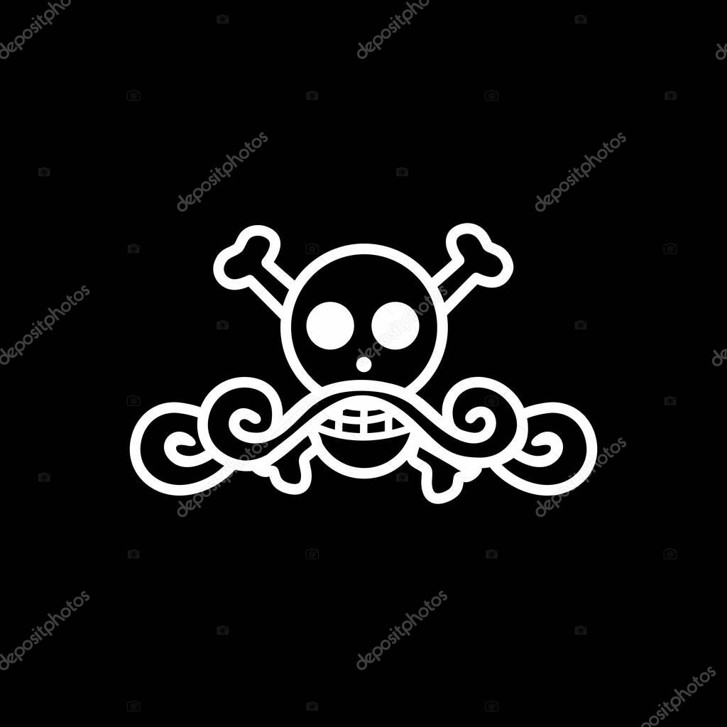 Gol D. Roger Pirate Emblem Vector on Black Background. High-quality vector of Gol D. Roger's pirate symbol from One Piece. Features skull with curled mustache and crossbones, inspired by the Pirate King.