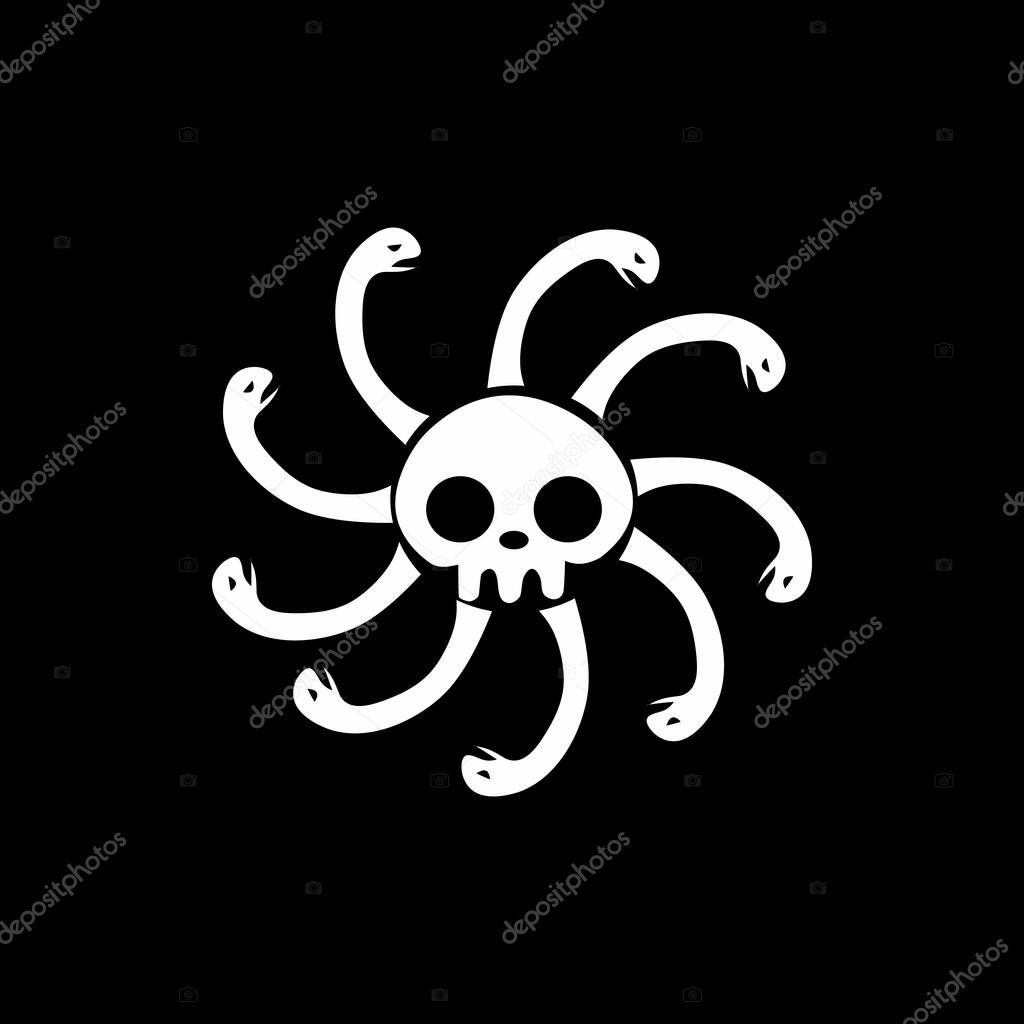 Hydra-Inspired Pirate Skull Emblem Vector Design. Unique skull logo with snake-like tentacles in radial layout, inspired by a hydra and pirate themes. Ideal for fantasy, anime, or villain crew concepts.