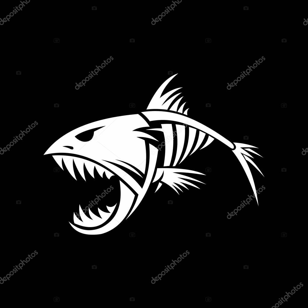 Aggressive Skeleton Fish Vector Illustration  Black and White Design. Fierce skeletal fish with sharp teeth and bold lines. Perfect for tattoos, stickers, logos, or edgy graphic design projects. Black and white vector.