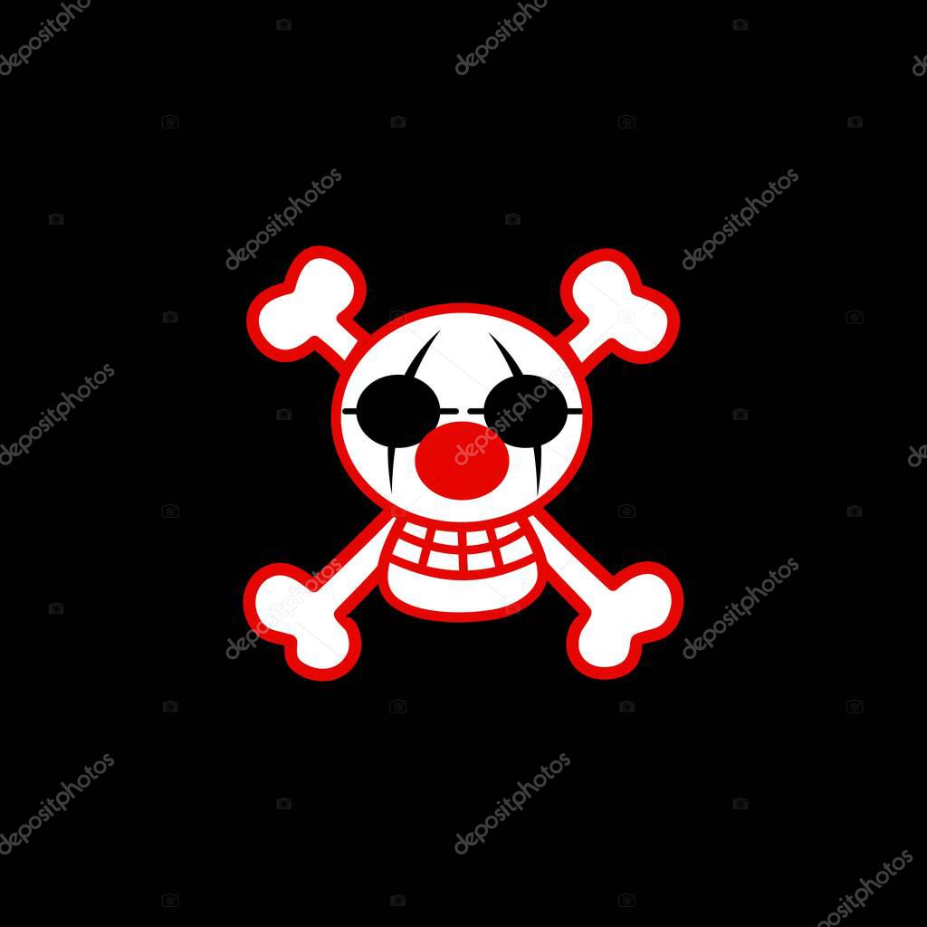 Clown Skull and Crossbones Symbol on Black Background. Stylized skull and crossbones with clown features, red nose, and glasses. Bold cartoon design with black background. Perfect for edgy, punk, or Halloween-themed artwork.