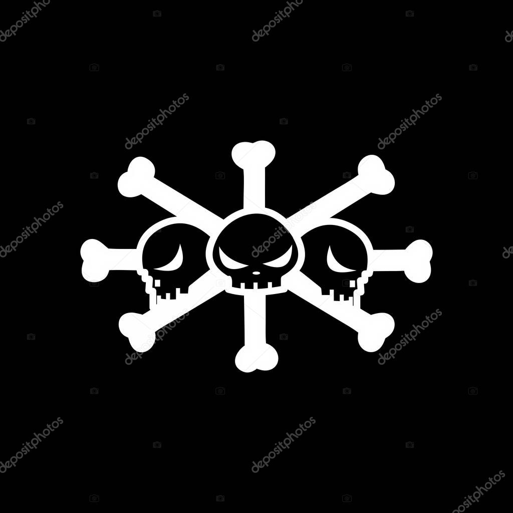 Triple Skull and Crossbones Symbol on Black Background. Abstract design of three stylized skulls and crossbones forming a star pattern. Bold monochrome illustration with an edgy and dark visual. Ideal for horror, punk, or graphic themes.