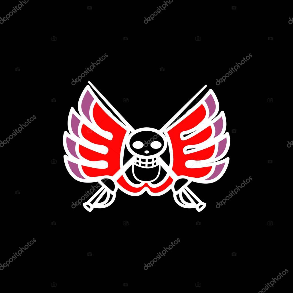 Winged Skull Pirate Emblem with Swords on Black Background. Colorful pirate emblem featuring a smiling skull with red and purple wings and crossed swords. Bold, vibrant design on black background. Perfect for fantasy, gaming, or graphic themes.