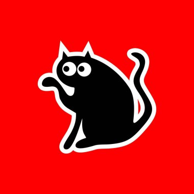 Kırmızı Arkaplanda Oyuncu Siyah Kedi Çizgi Filmi Çizimi