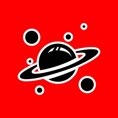 Kırmızı Arkaplanda Halkaları ve Ayları Olan Minimalist Kara Gezegen