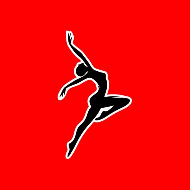 Kızıl Arkaplan 'da Dinamik Dansçı Silueti logosu. Zarif bir siyah beyaz siluet. Kırmızı arka planda hareketli bir bayan dansçı. Dans stüdyoları, markalaşma, sanat ve hareketten esinlenilmiş tasarımlar için mükemmel..