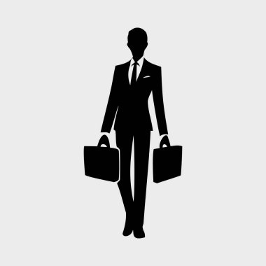 Çantalı İşadamı Siluet Vektörü. Takım elbiseli profesyonel işadamı elinde temiz siyah siluet şeklinde resimli iki evrak çantası tutuyor. Kurumsal veya işle ilgili görseller için mükemmel.