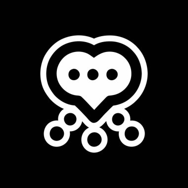 Siyah Üzerine Ağ Noktaları Simgesi ile Kalp Şeklinde Sohbet Baloncuğu. Altında üç nokta ve bağlı halkalar olan kalp şeklinde bir konuşma balonu. Aşkı, iletişimi ve bağlantıyı sembolize ediyor. Siyah arkaplanda kalın beyaz çizgi