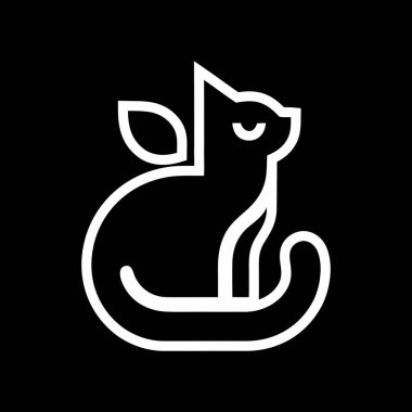 Eco Cat Line Sanat Simgesi ve Siyah Arkaplanda Yaprak. Sırtında yaprak olan, doğa ya da organik evcil hayvan temalarını sembolize eden minimalist beyaz çizgi simgesi. Siyah arkaplanda kalın bir özet.