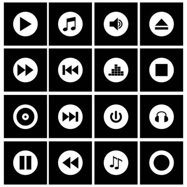 Siyah ve Beyaz Medya Oyuncu Kontrol Simgeleri Ayarlandı. Oyun, duraklama, duraklama, geri sarma, hacim ve müzik sembolleri gibi minimalist medya kontrol simgeleri. UI tasarımı, uygulamaları ve dijital ortam projeleri için ideal.