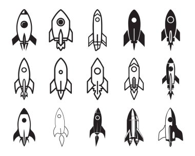 Basit Roket siluet simgeleri ayarlandı. siyah düz veya çizgi koleksiyon etiketi vektör sanatı