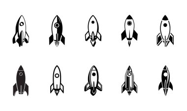 Basit Roket siluet simgeleri ayarlandı. siyah düz veya çizgi koleksiyon etiketi vektör sanatı