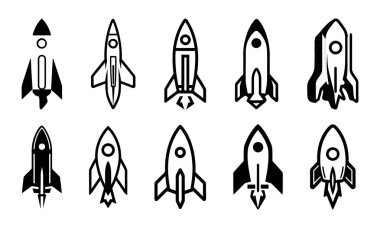 Basit Roket siluet simgeleri ayarlandı. siyah düz veya çizgi koleksiyon etiketi vektör sanatı