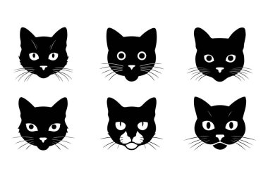 Siyah kediler siluet baş simgesi kedi yüzü çıkartma sembolü Tatto vektör koleksiyonu