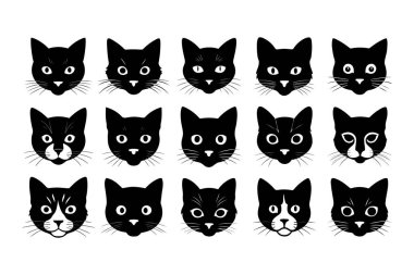 Siyah kediler siluet baş simgesi kedi yüzü çıkartma sembolü Tatto vektör koleksiyonu