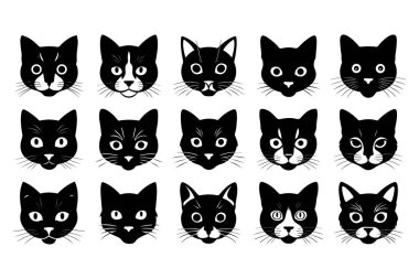 Siyah kediler siluet baş simgesi kedi yüzü çıkartma sembolü Tatto vektör koleksiyonu