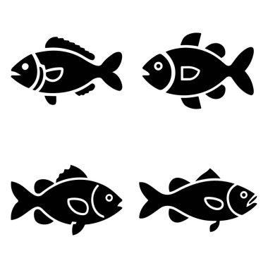 Beyaz arkaplan ile Balık Deniz Ürünleri simgesi siluet vektörü seti