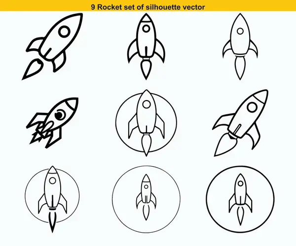 Roket simgesi 9 farklı stil düzenlenebilir vuruş İnce çizgi, çizgi, kalın vektör beyaz arkaplan