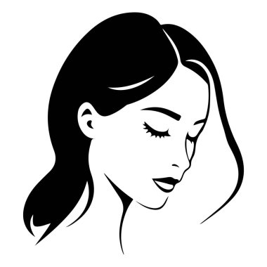 Uzun saçlı, düşünceli, zarif kadının başkanı uzun yüz simgesi siluet vektörü 