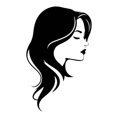 Uzun saçlı, düşünceli, zarif kadının başkanı uzun yüz simgesi siluet vektörü 