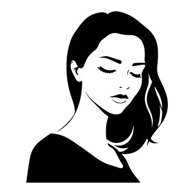 Uzun saçlı, düşünceli, zarif kadının başkanı uzun yüz simgesi siluet vektörü 