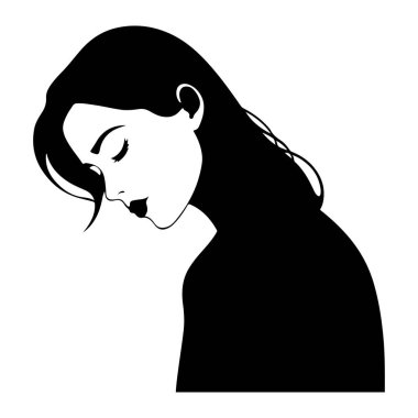Uzun saçlı, düşünceli, zarif kadının başkanı uzun yüz simgesi siluet vektörü 