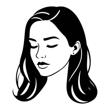 Uzun saçlı, düşünceli, zarif kadının başkanı uzun yüz simgesi siluet vektörü 