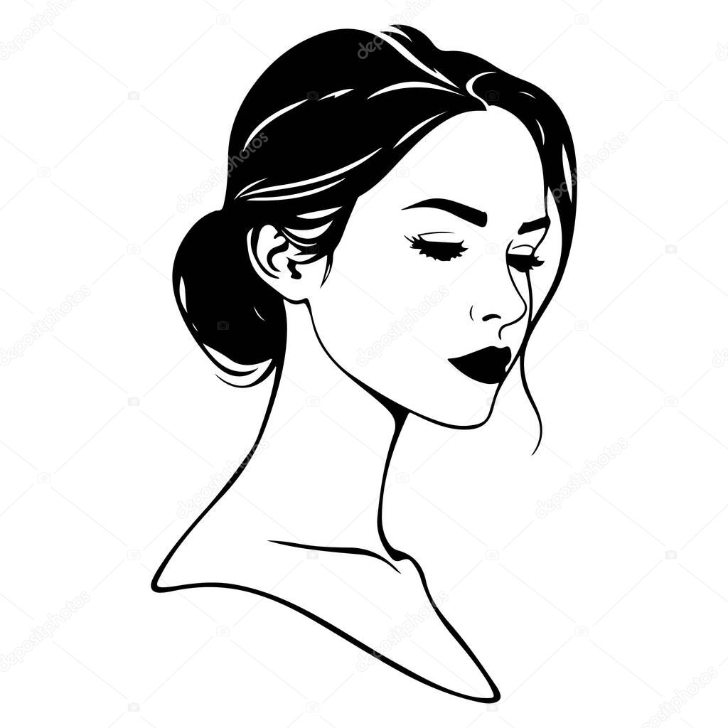 Sketch Head of pensive elegant woman long hair face icon logotype silhouette vector
