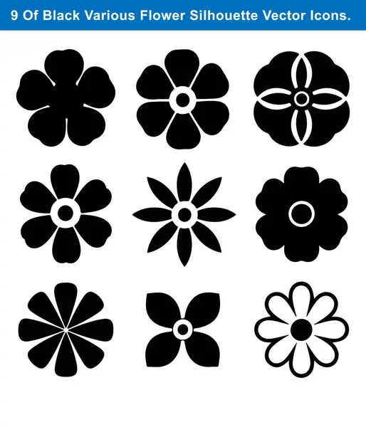 Beyaz Arkaplanda Farklı Yaprak Biçimlerine sahip 9 Siyah Çiçek Silüeti Simgesi