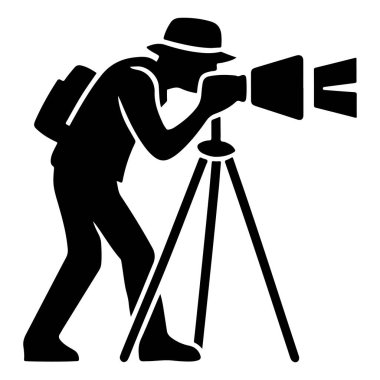  Üçayak üzerinde dijital kamerası olan profesyonel bir fotoğrafçı ikonu bir siluet vektörünü yakalar.
