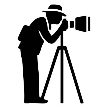  Üçayak üzerinde dijital kamerası olan profesyonel bir fotoğrafçı ikonu bir siluet vektörünü yakalar.