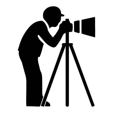  Üçayak üzerinde dijital kamerası olan profesyonel bir fotoğrafçı ikonu bir siluet vektörünü yakalar.