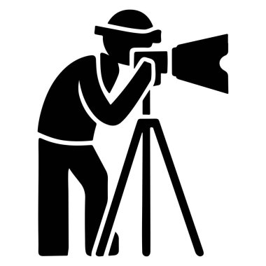  Üçayak üzerinde dijital kamerası olan profesyonel bir fotoğrafçı ikonu bir siluet vektörünü yakalar.