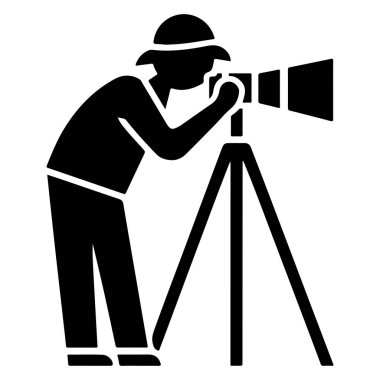  Üçayak üzerinde dijital kamerası olan profesyonel bir fotoğrafçı ikonu bir siluet vektörünü yakalar.