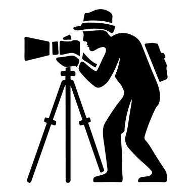  Üçayak üzerinde dijital kamerası olan profesyonel bir fotoğrafçı ikonu bir siluet vektörünü yakalar.