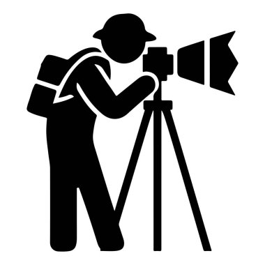 Üçayak üzerinde dijital kamerası olan profesyonel bir fotoğrafçı ikonu bir siluet vektörünü yakalar.