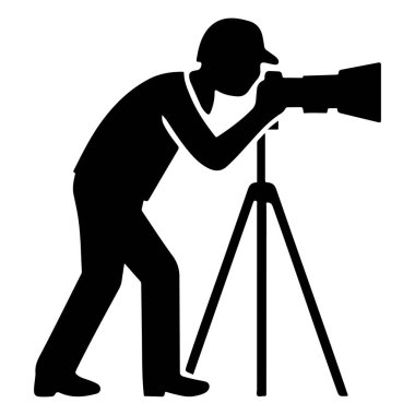 Üçayak üzerinde dijital kamerası olan profesyonel bir fotoğrafçı ikonu bir siluet vektörünü yakalar.