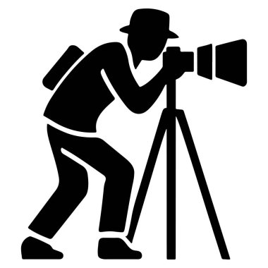 Üçayak üzerinde dijital kamerası olan profesyonel bir fotoğrafçı ikonu bir siluet vektörünü yakalar.